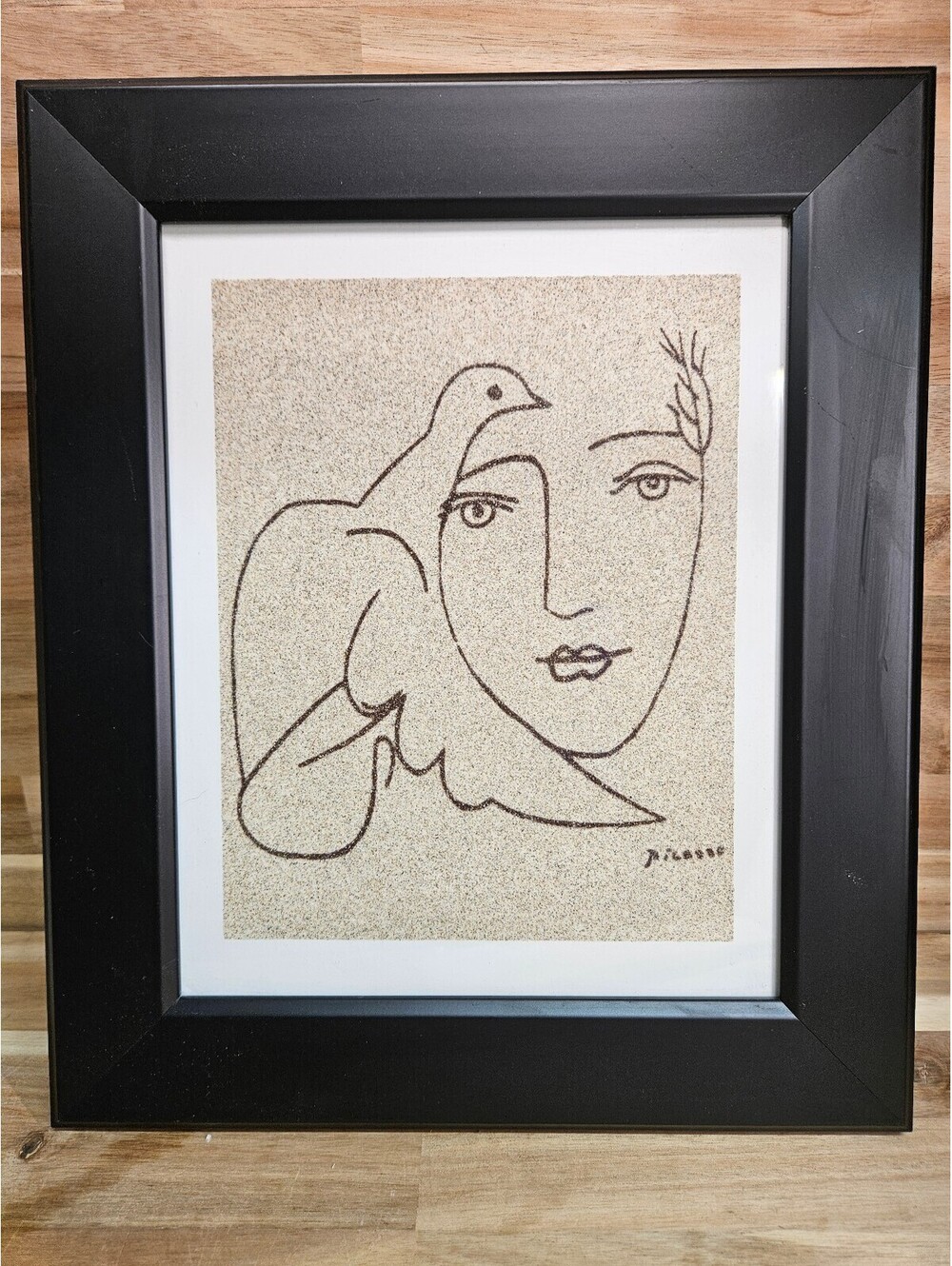 Vintage Framed Picasso Style Dove & Face Textured Sand Art Print Wall Decor